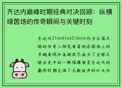 齐达内巅峰时期经典对决回顾：纵横绿茵场的传奇瞬间与关键时刻
